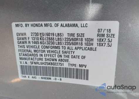 2019 Honda Odyssey Lx из США, поврежденный, VIN 5FNRL6H25KB022751